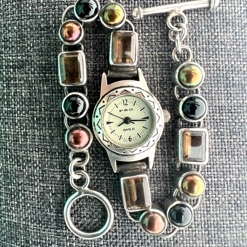 Vintage Peyote Bird Smoky Quartz Navajo Pearl Black Onyx & Silver Watch Bracelet - Picture 5 of 17